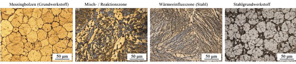Metallografische Gefügeaufnahmen der Fügezone: Messingbolzen, Misch-/Reaktionszone, Wärmeeinflusszone und Stahlgrundwerkstoff