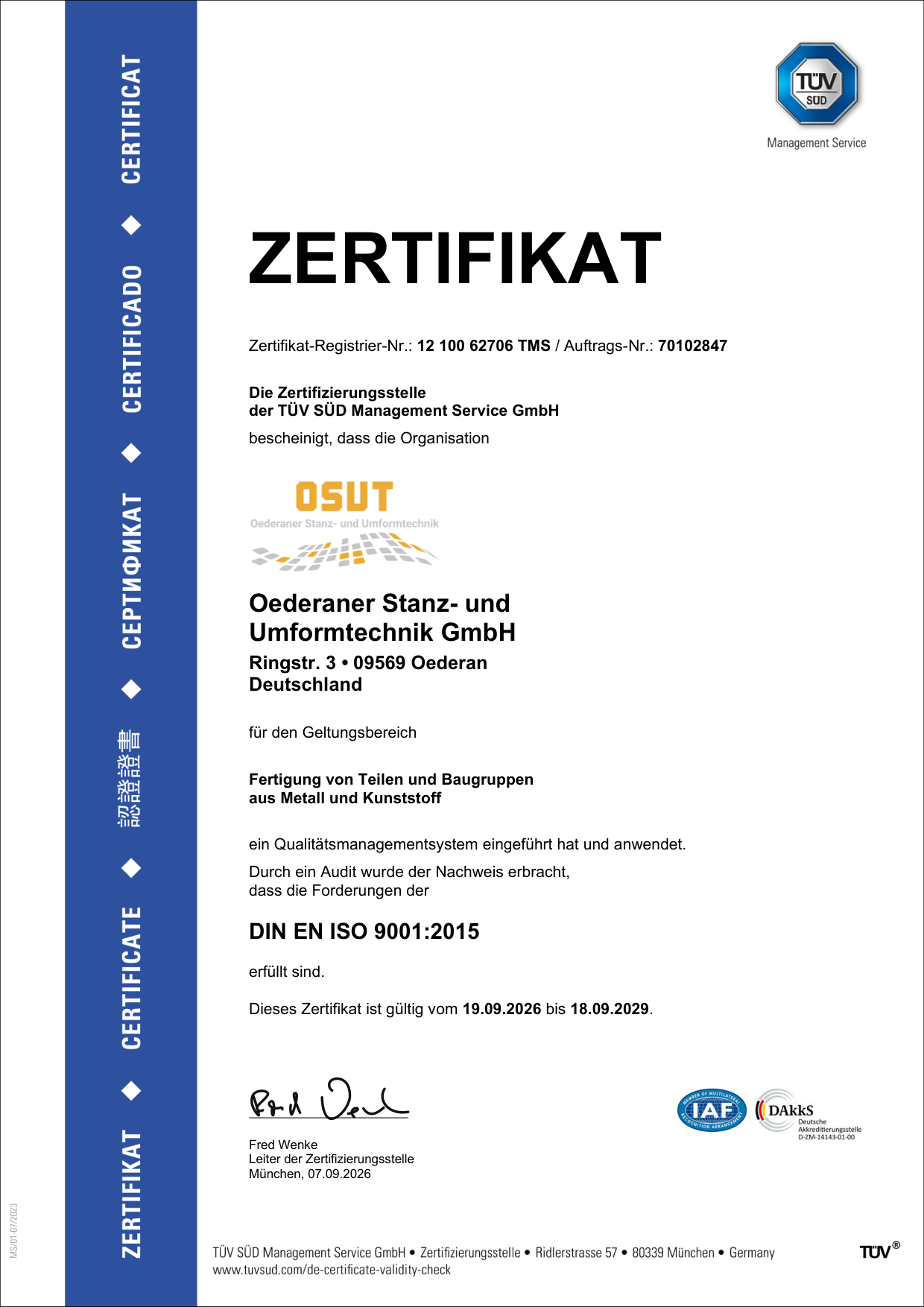 DIN EN ISO 9001:2015 Zertifikat – gültig bis 18.09.2029